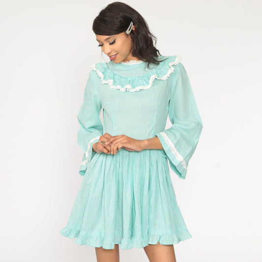 1960s Gingham Mini Dress Bell Sleeve Eyelet Lace Bluish Green Small