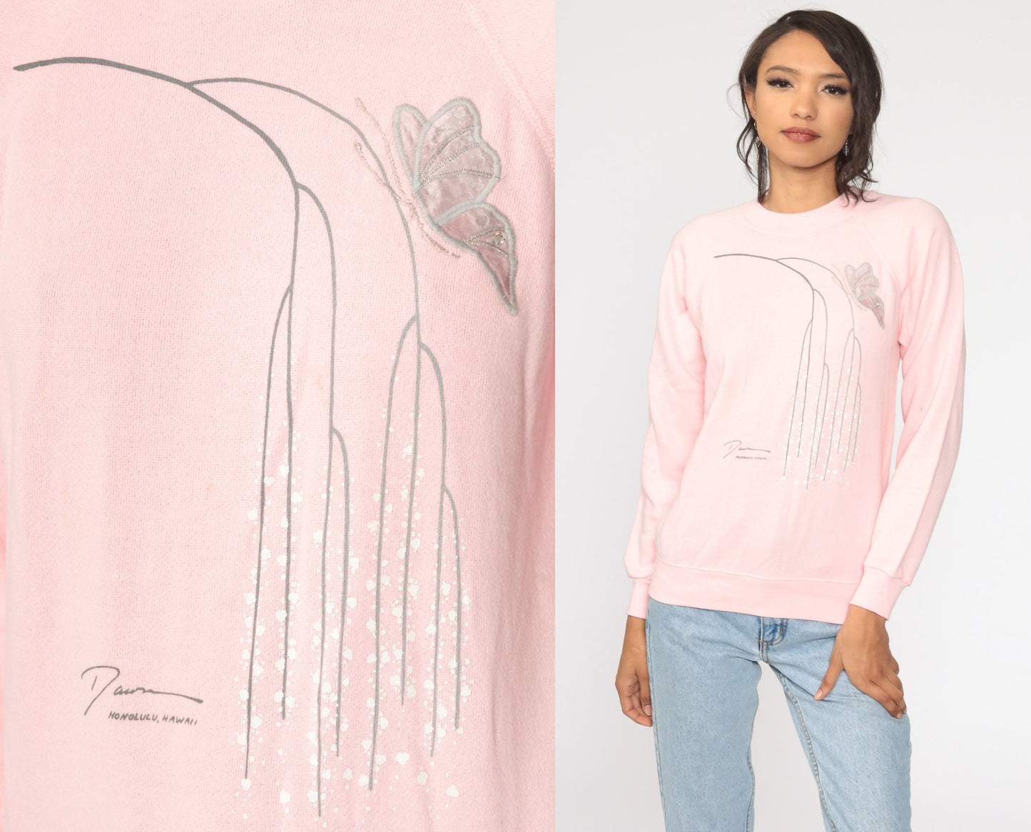 80s Butterfly Sweatshirt Baby Pink Graphic Crewneck Extra Small