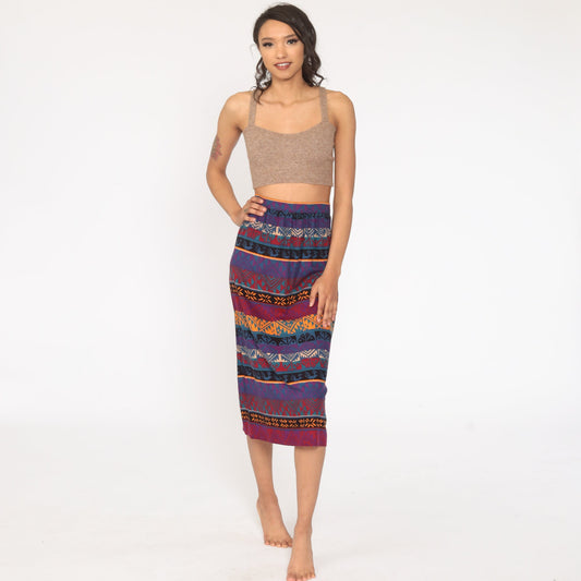 80s Southwestern Aztec Print Pencil Skirt Purple Pink High Waist Small