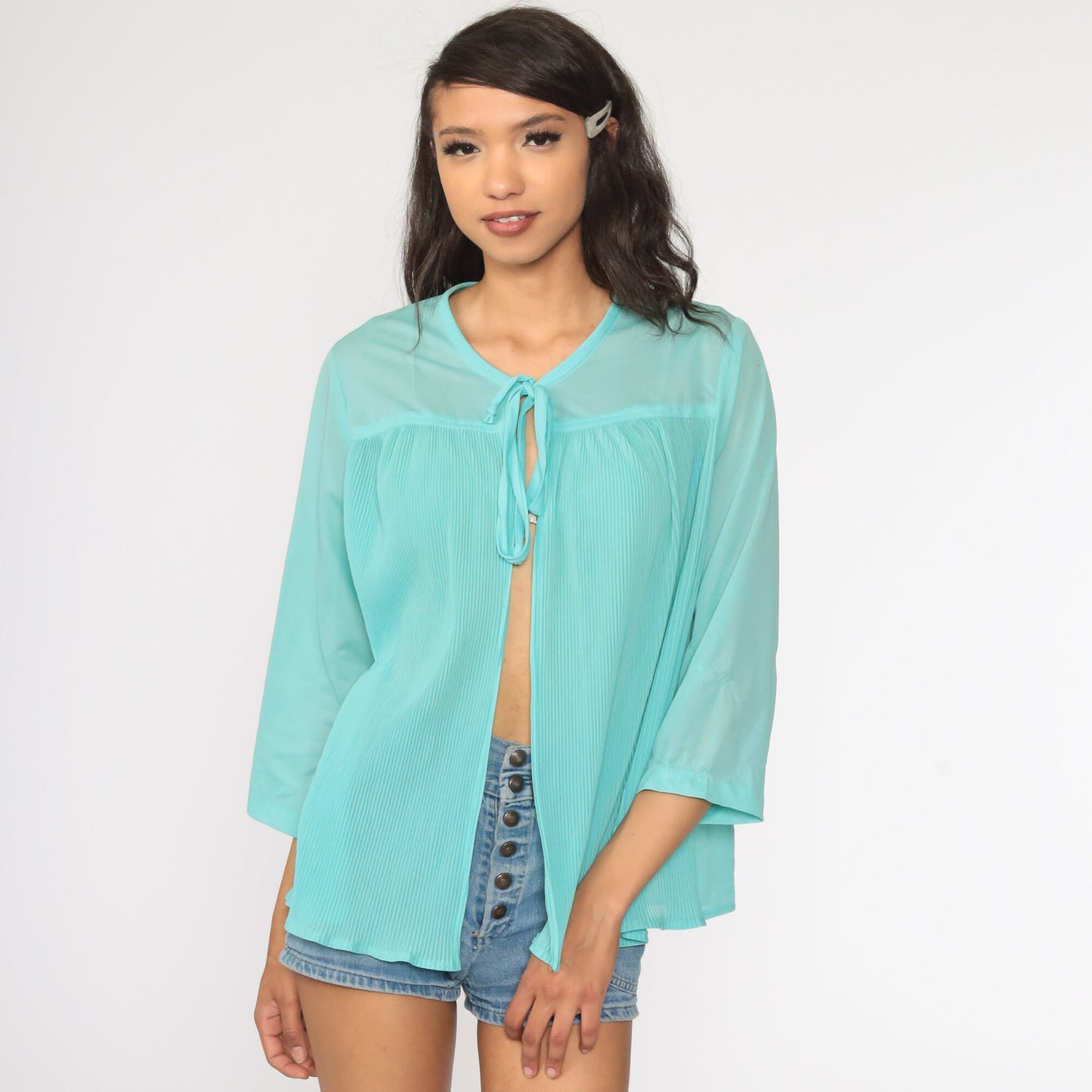 70s Sheer Blue Blouse Tie Neck Pleated Long Sleeve Top Medium Large