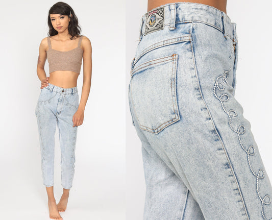 90s Acid Wash Skinny Jeans High Waisted Ankle Denim Blue Small 26