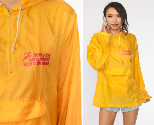 80s Long Island Marathon Yellow Half Zip Hooded Jacket Windbreaker Small Medium
