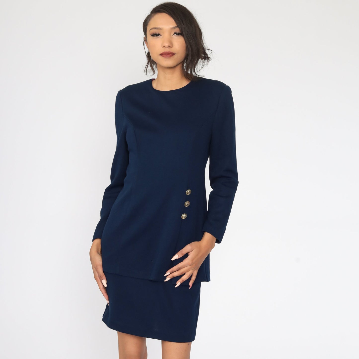 80s Navy Blue Sheath Dress Long Sleeve Wiggle Pencil Mini Small