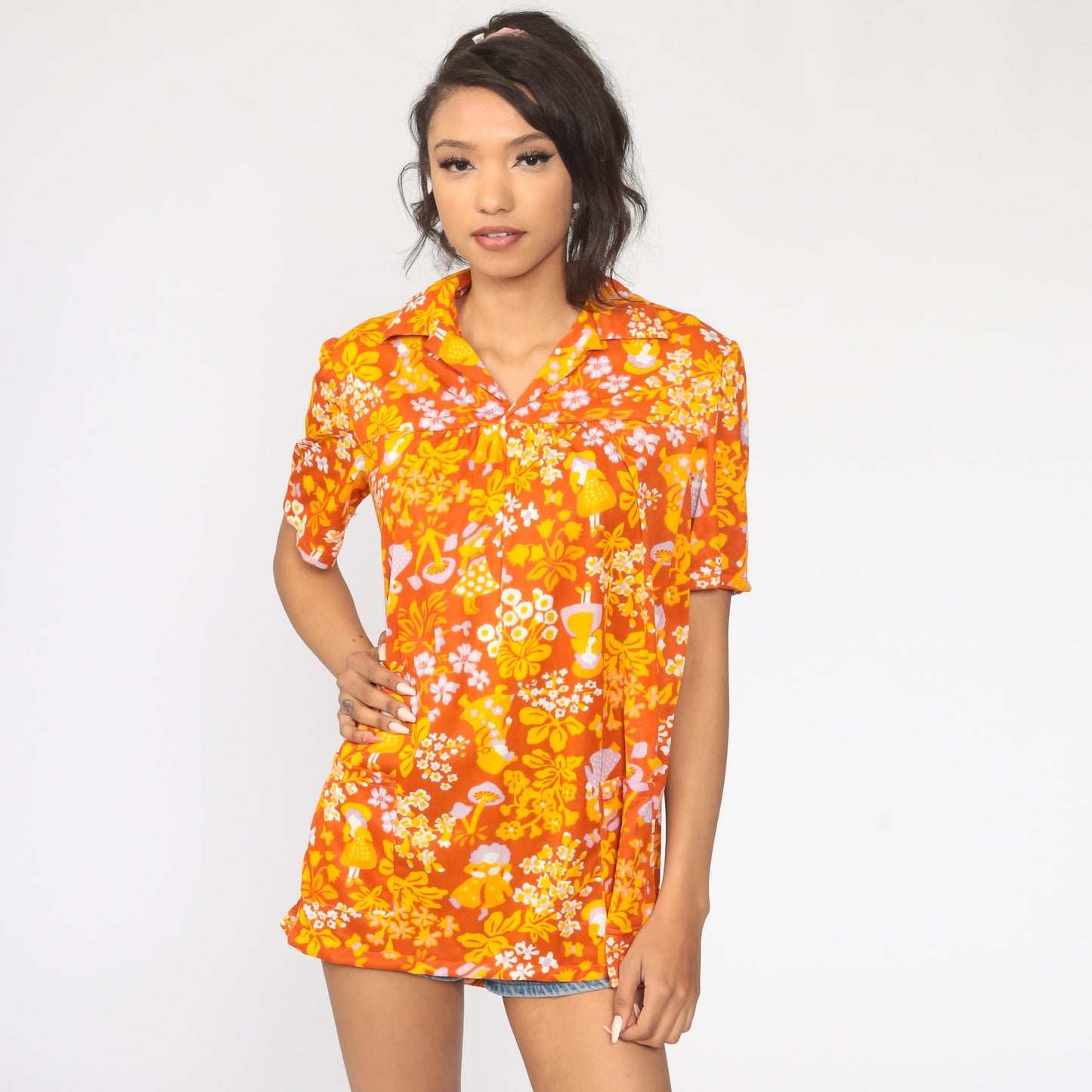 70s Mushroom Print Tunic Blouse Burnt Orange Short Sleeve Medium