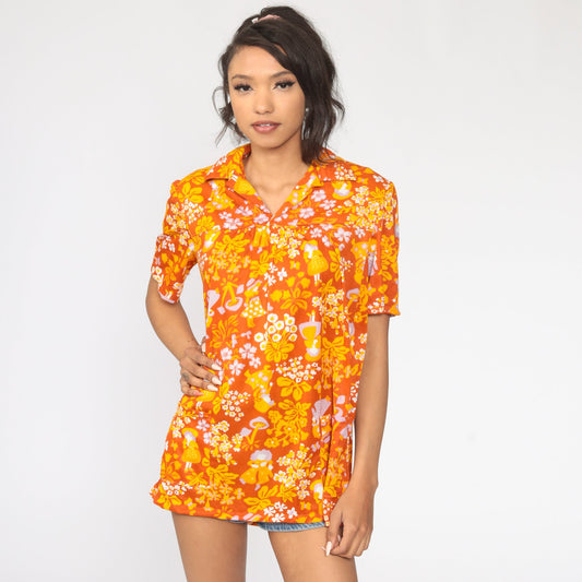 70s Mushroom Print Tunic Blouse Burnt Orange Short Sleeve Medium