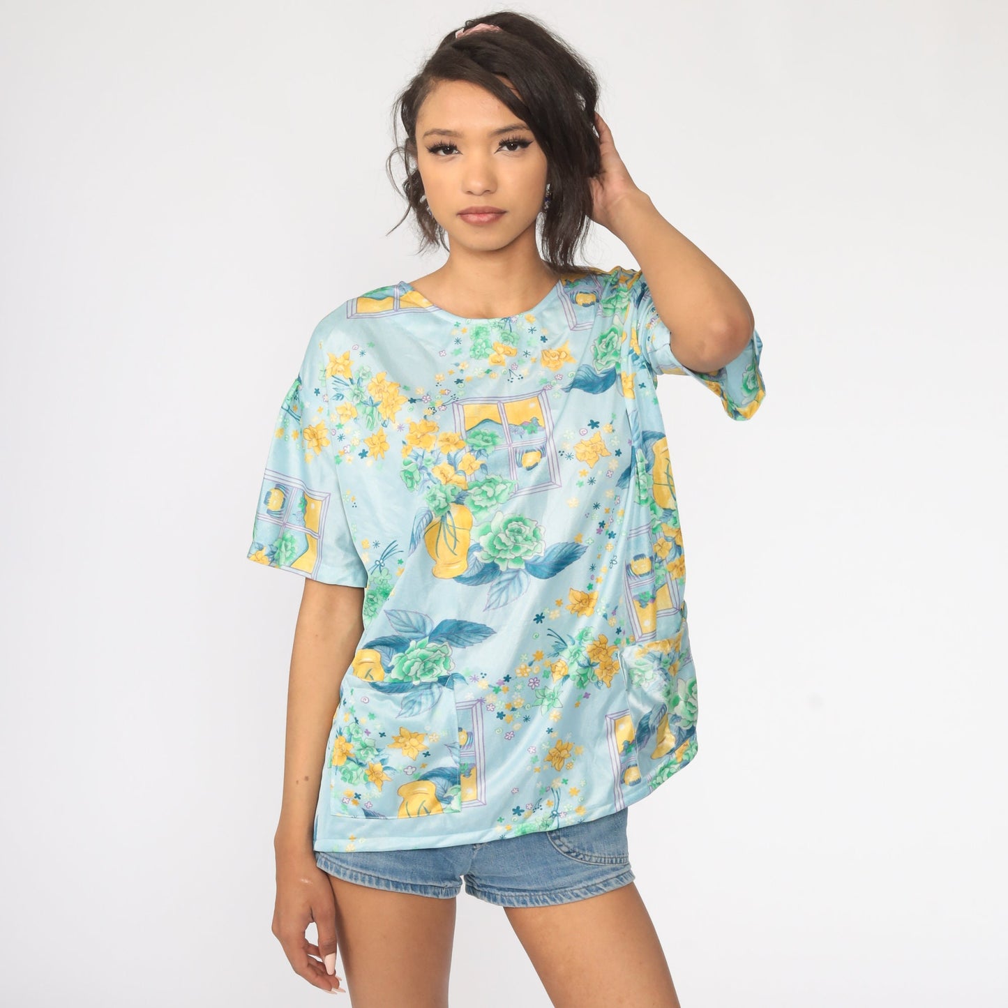 70s Floral Window Print Blouse Blue Short Sleeve Tunic Large
