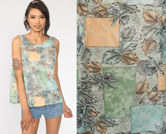 70s Floral Tank Top Hippie Sleeveless Blouse Green Large