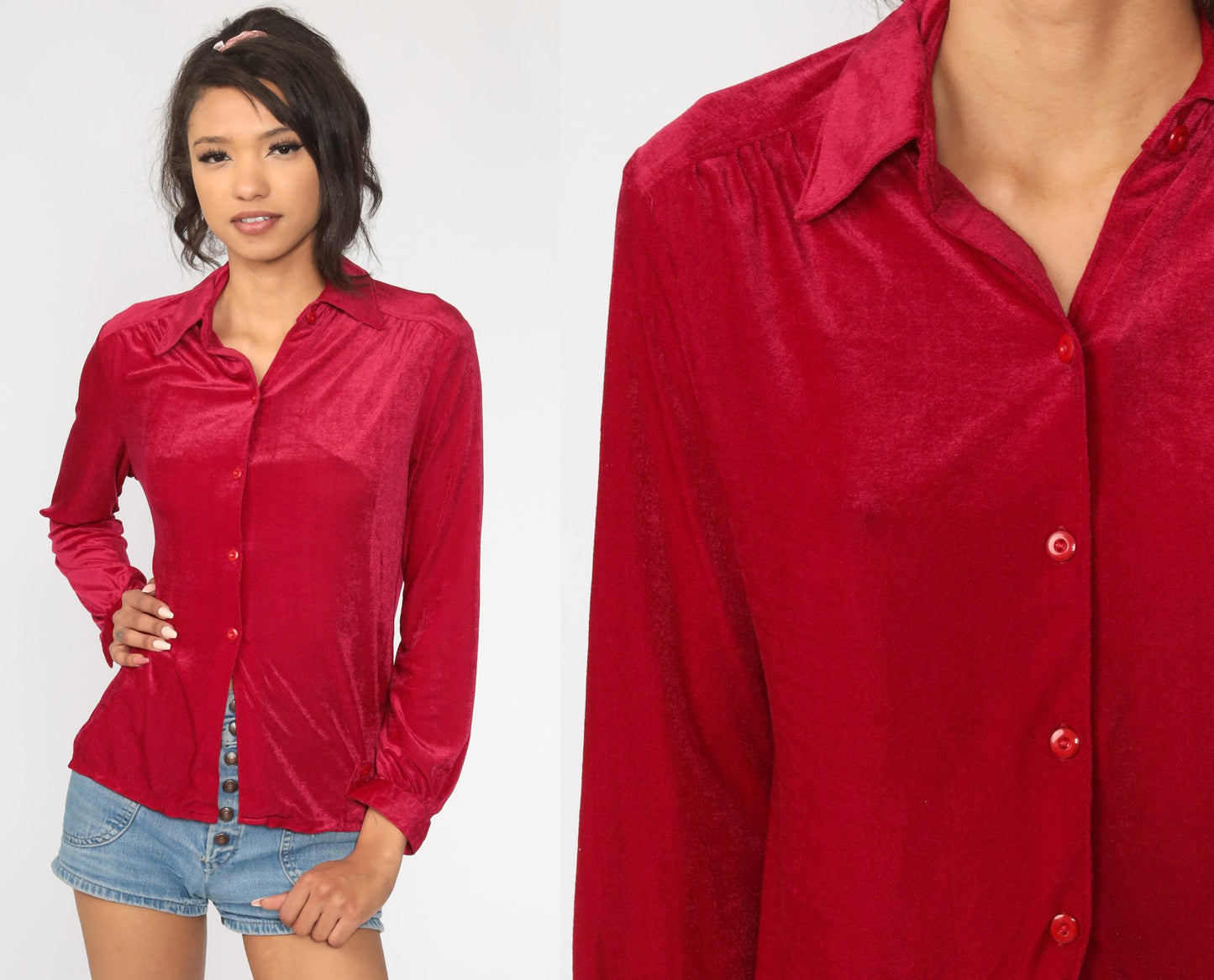 70s Velour Button-Up Shirt Raspberry Long Sleeve Small Medium