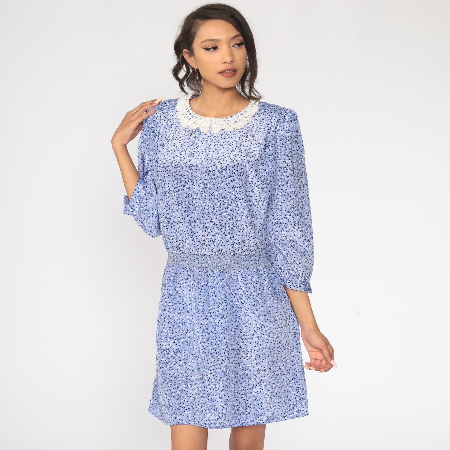 80s Blue Floral Puff Sleeve Dress Lace Trim Mini Large