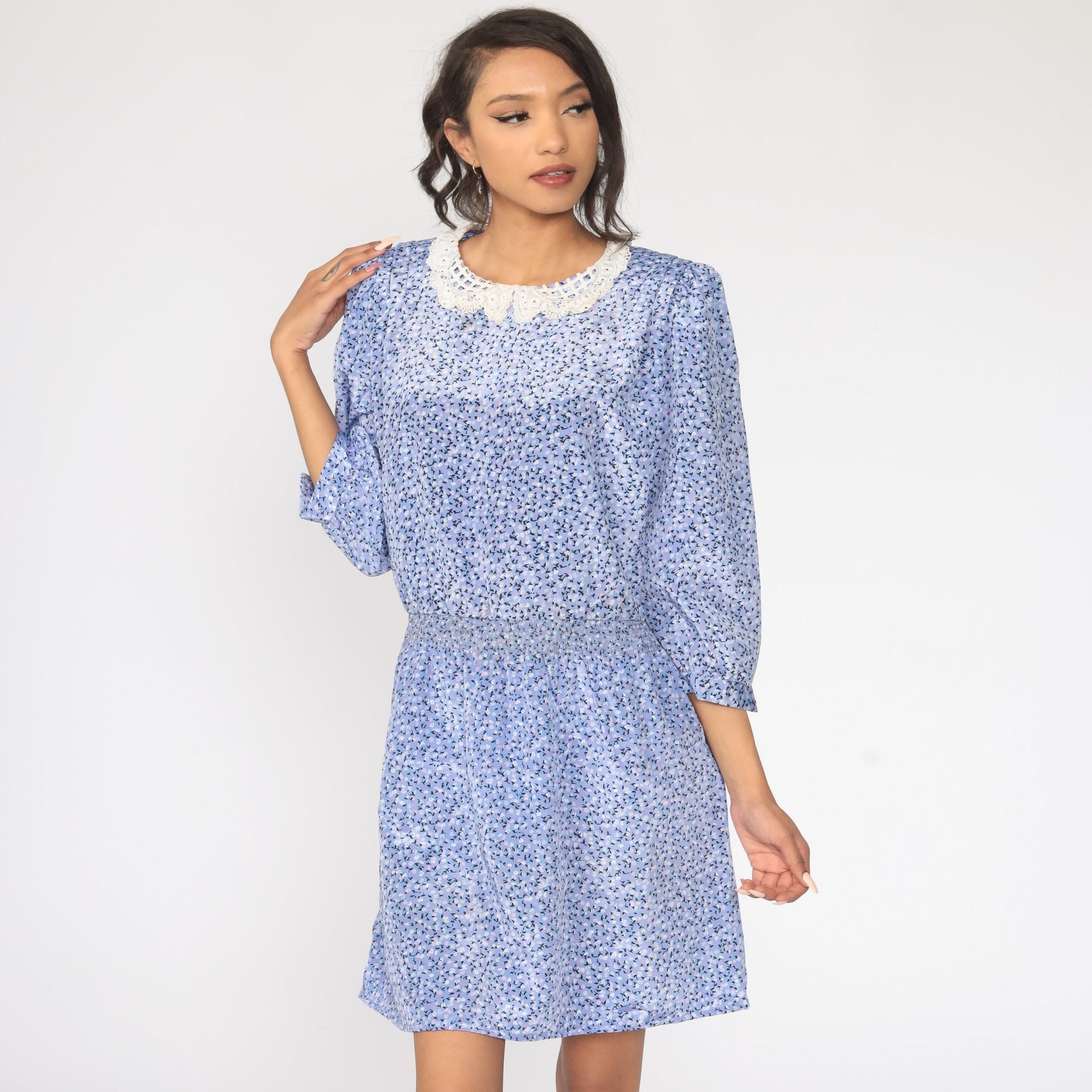 80s Blue Floral Puff Sleeve Dress Lace Trim Mini Large