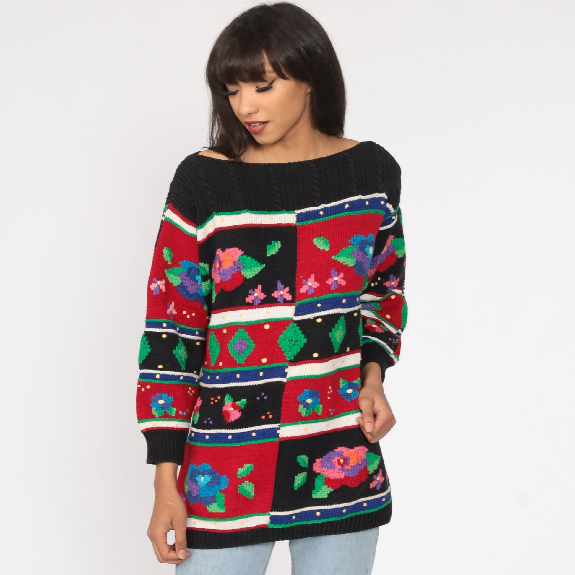 90s Striped Floral Cotton Pullover Sweater Knit Large