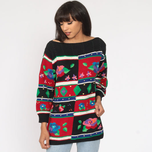 90s Striped Floral Cotton Pullover Sweater Knit Large