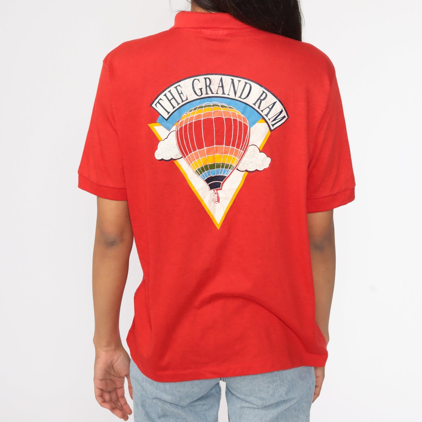 80s The Grand Ram Hot Air Balloon Polo Shirt Red Graphic Button-Up Medium
