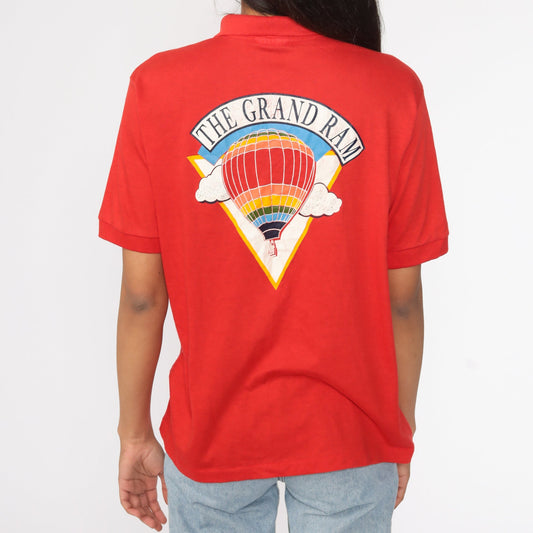 80s The Grand Ram Hot Air Balloon Polo Shirt Red Graphic Button-Up Medium