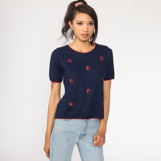 80s Navy Embroidered Cat Knit Top Short Sleeve Medium