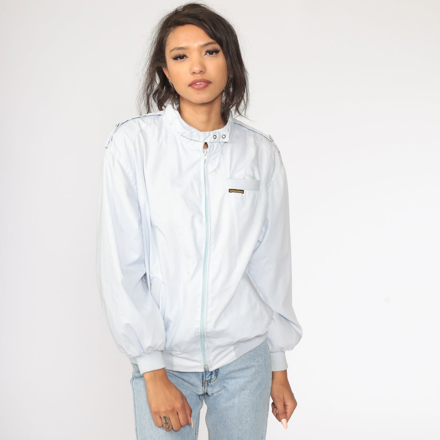 80s Grey Bomber Jacket Cafe Racer Windbreaker Blue Zipper Large