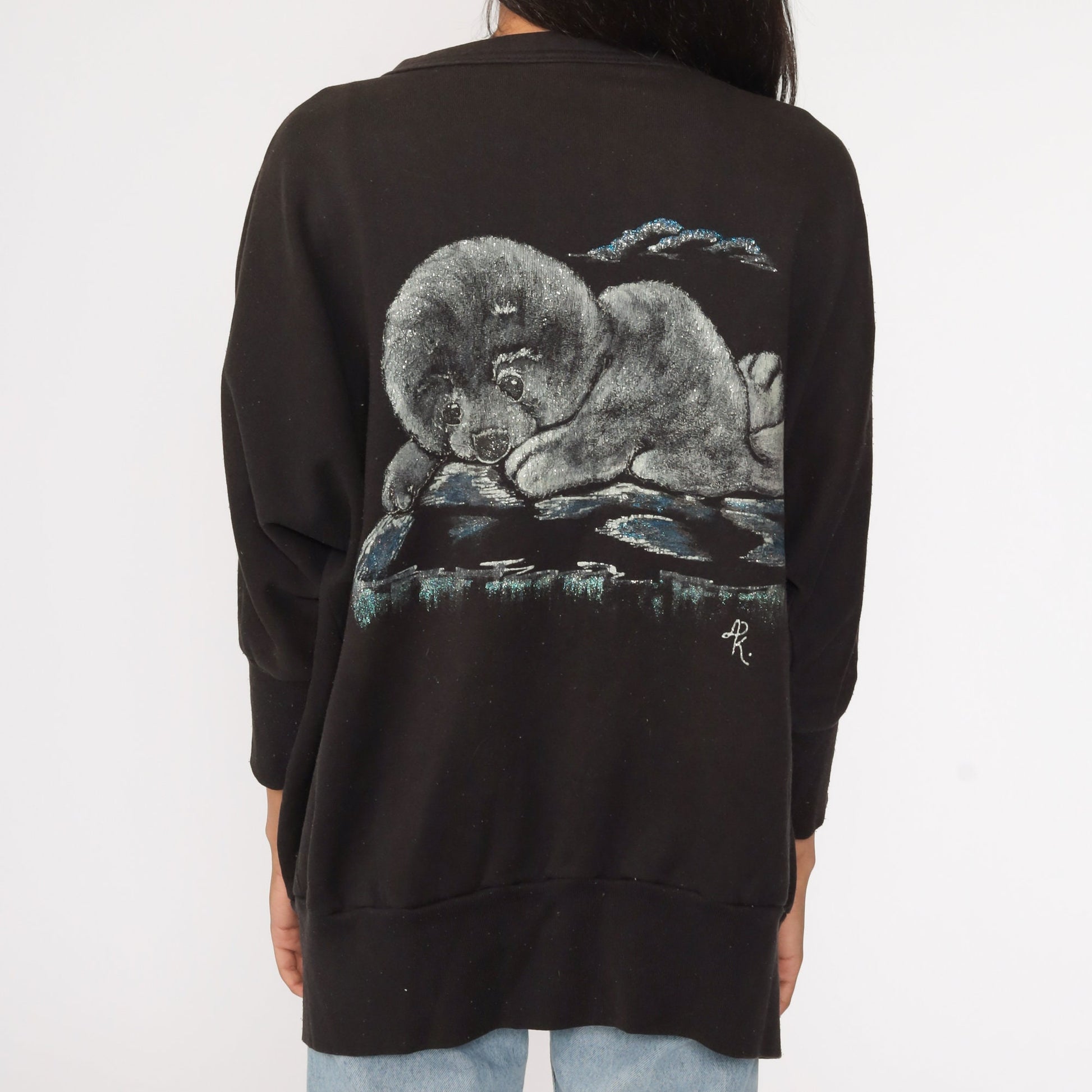 80s Hand Painted Baby Seal Cardigan Sweatshirt Black Open Front One Size