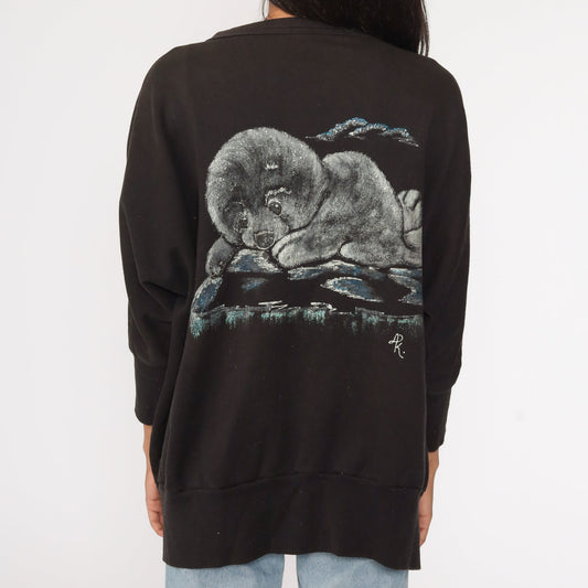 80s Hand Painted Baby Seal Cardigan Sweatshirt Black Open Front One Size