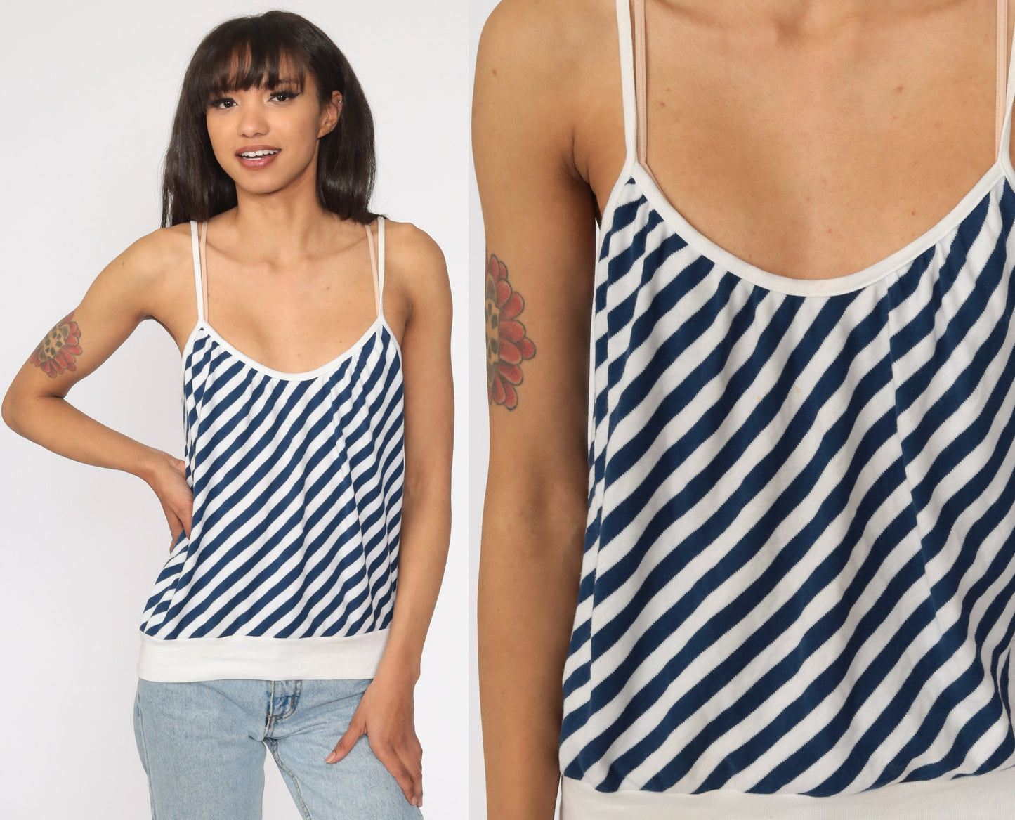 80s Striped Spaghetti Strap Tank Top Blue White Slouchy Medium