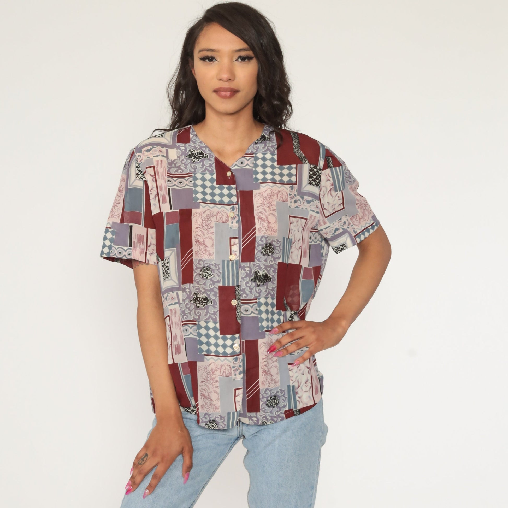 Y2K Patchwork Button-Up Blouse Burgundy Pink Short Sleeve Extra Large XXL