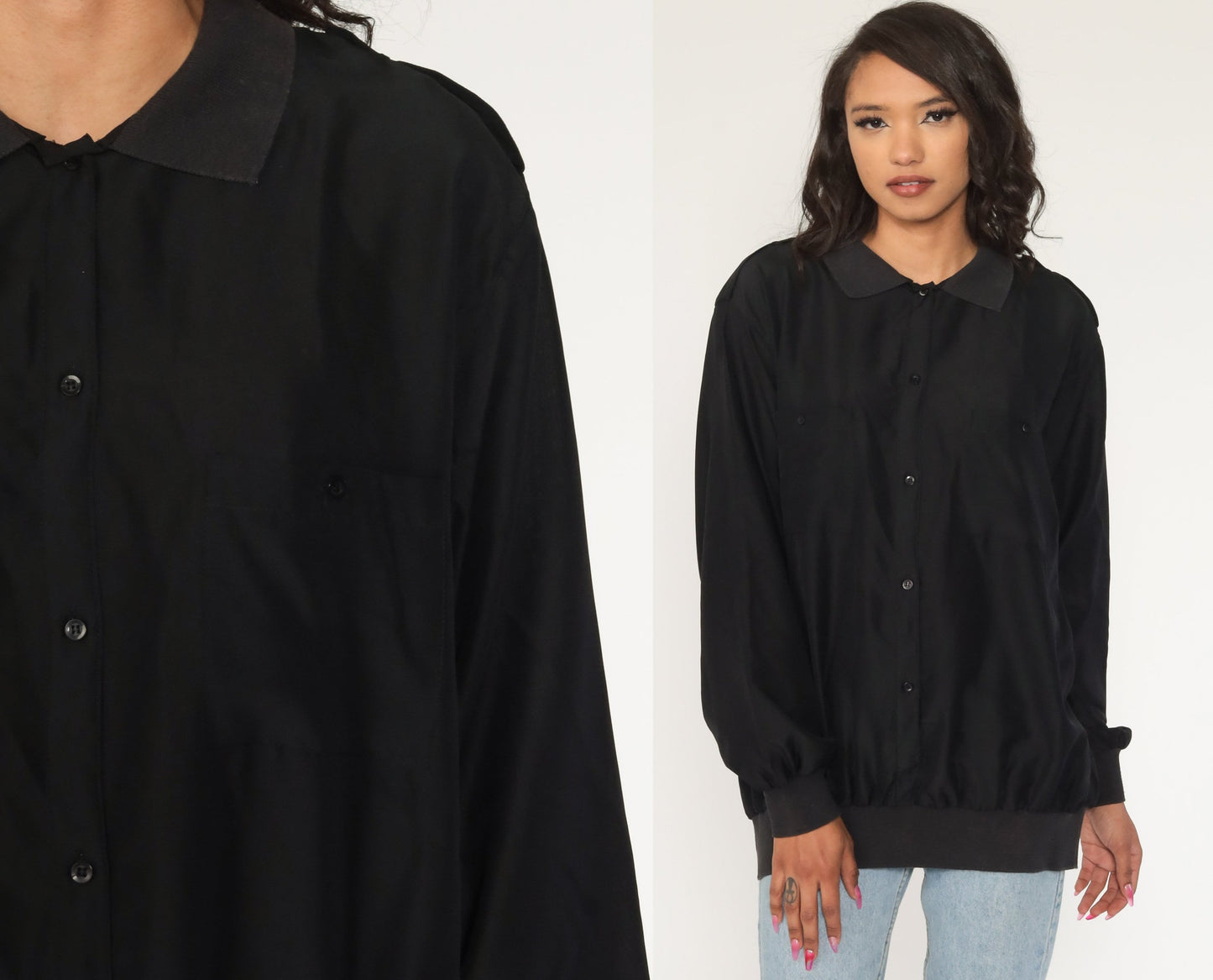 80s Diane von Furstenberg Black Button-Up Shirt Loose Fit Cotton Medium