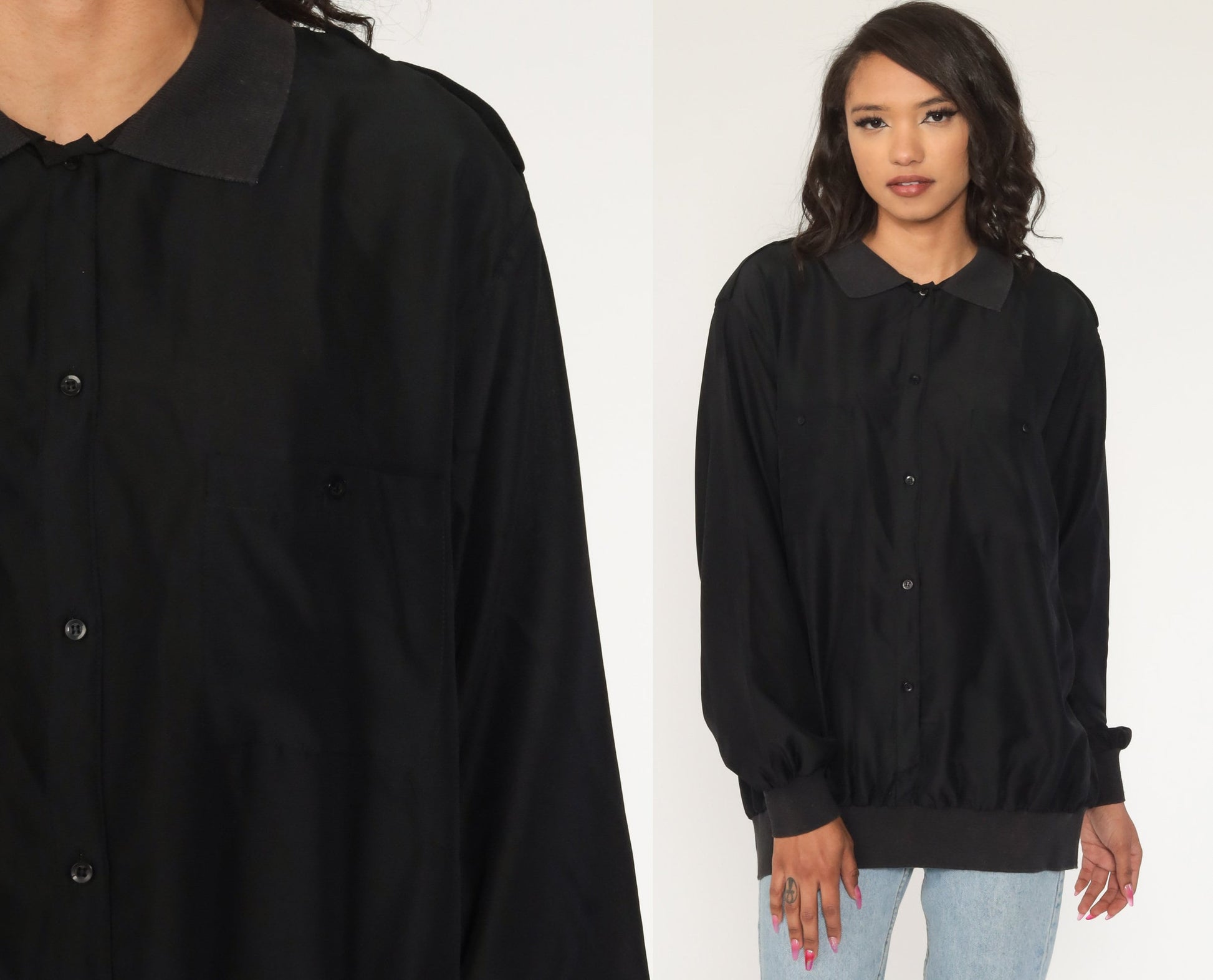80s Diane von Furstenberg Black Button-Up Shirt Loose Fit Cotton Medium