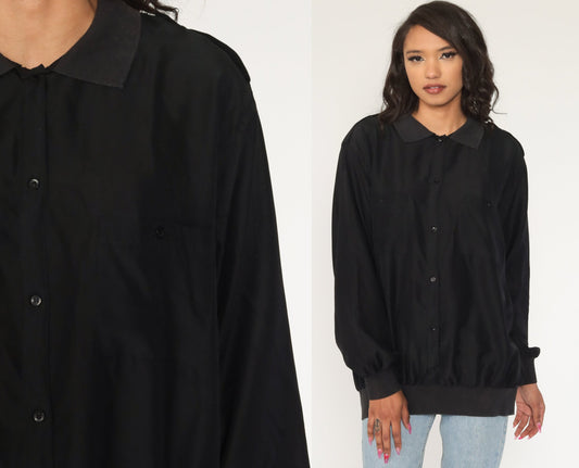 80s Diane von Furstenberg Black Button-Up Shirt Loose Fit Cotton Medium
