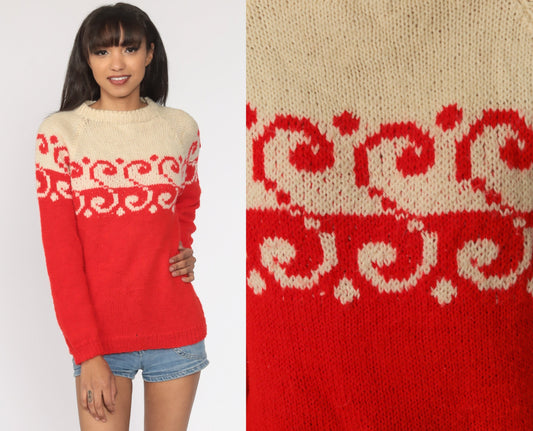70s Ski Sweater Red Cream Letter S Raglan Pullover Small Medium