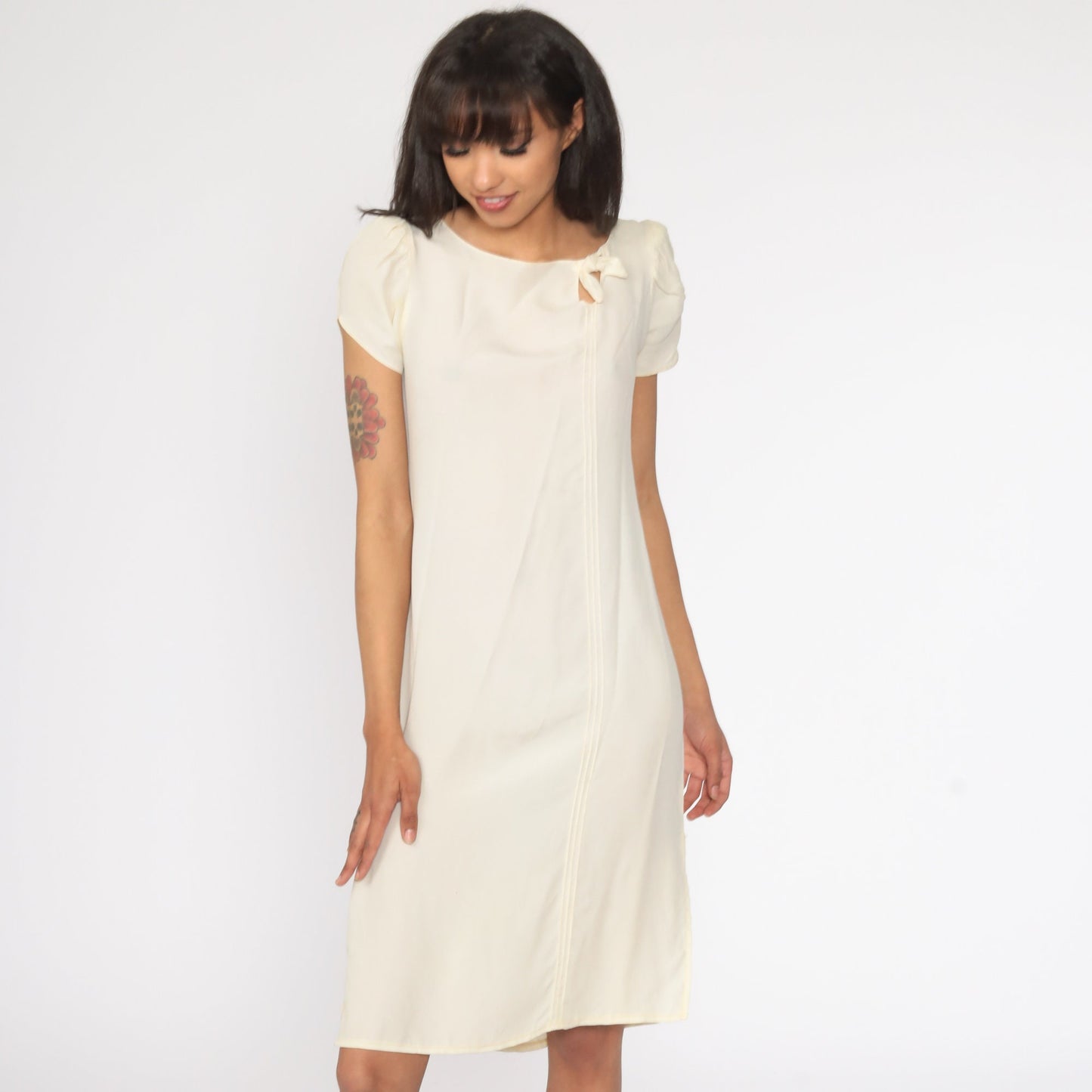70s Cream Mini Shift Dress Puff Sleeve Cutout Bow Extra Small XS