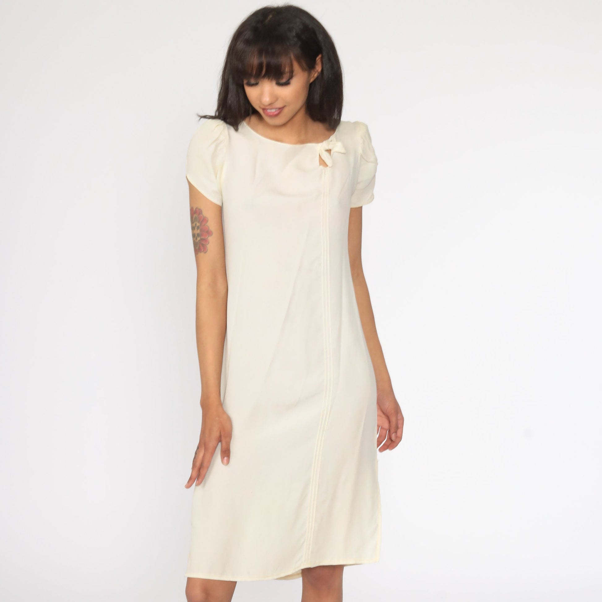 70s Cream Mini Shift Dress Puff Sleeve Cutout Bow Extra Small XS