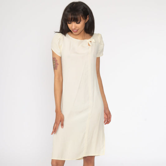 70s Cream Mini Shift Dress Puff Sleeve Cutout Bow Extra Small XS