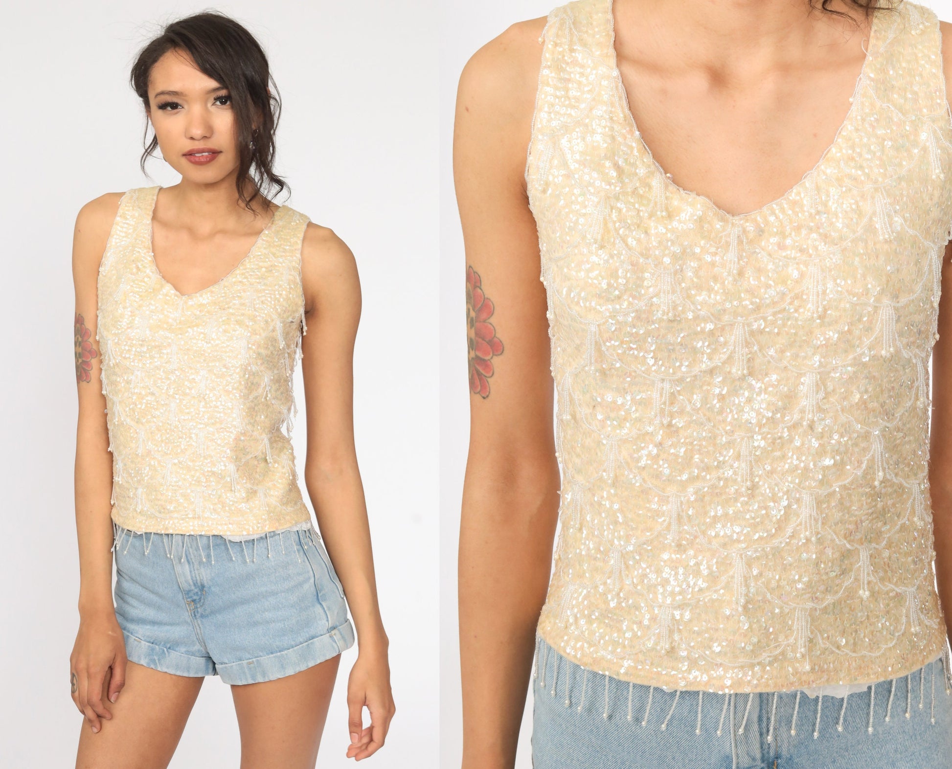 60s Beaded Sequin Knit Tank Top Cream Sleeveless Blouse Extra Small