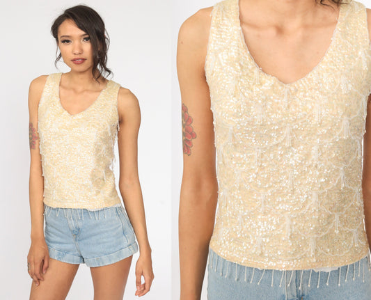 60s Beaded Sequin Knit Tank Top Cream Sleeveless Blouse Extra Small