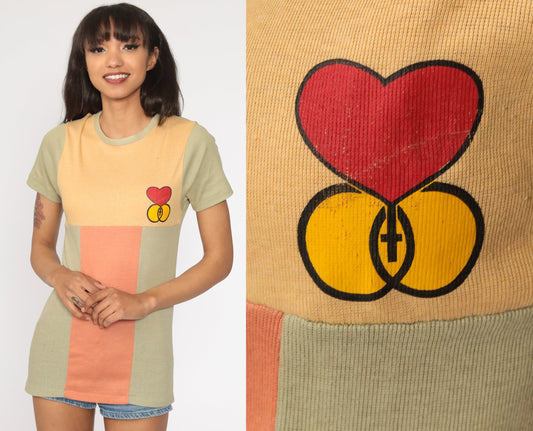 70s Christian Marriage Encounter Graphic Ringer Tee Heart Print Small