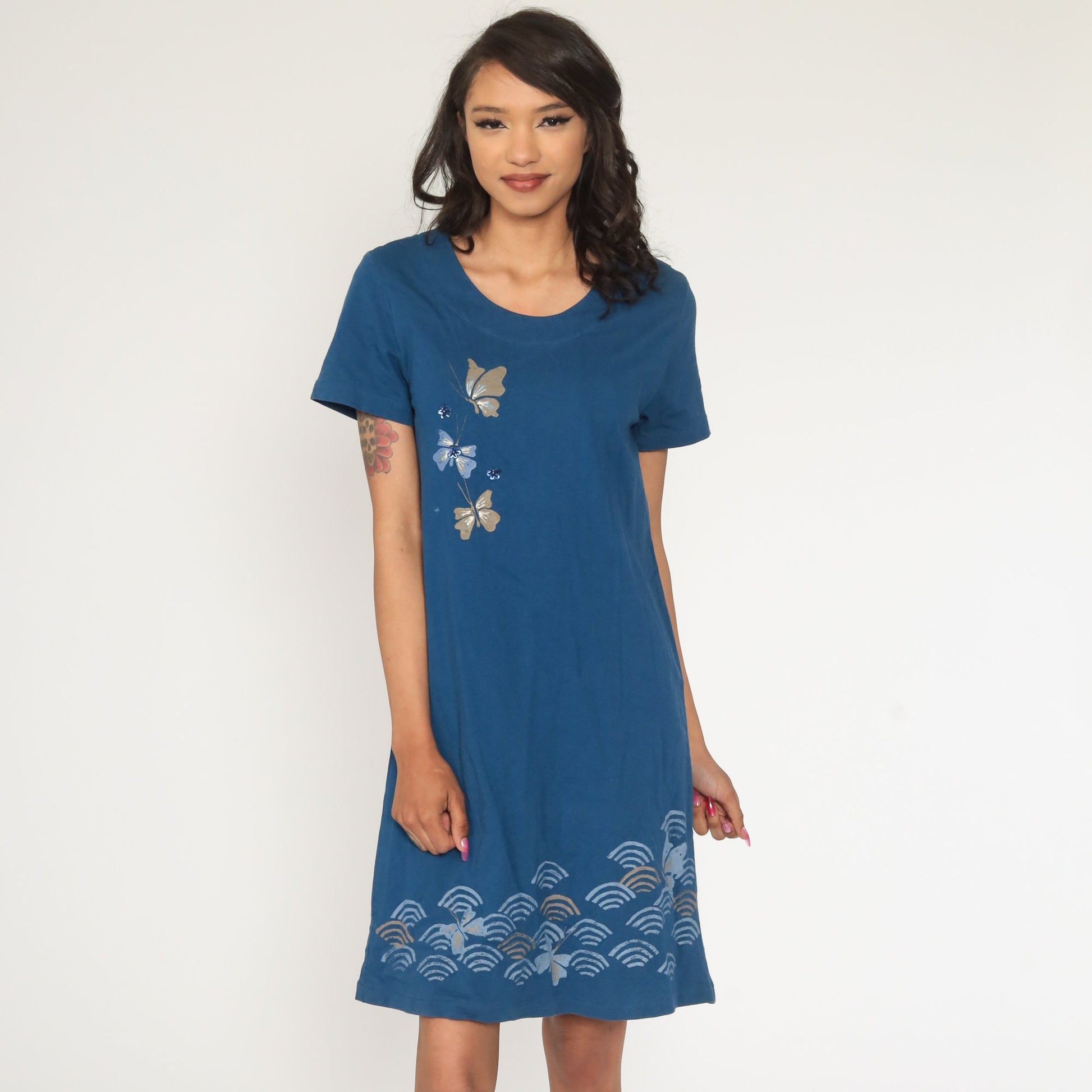 90s Butterfly Print Blue Mini Dress Shift Short Sleeve Small