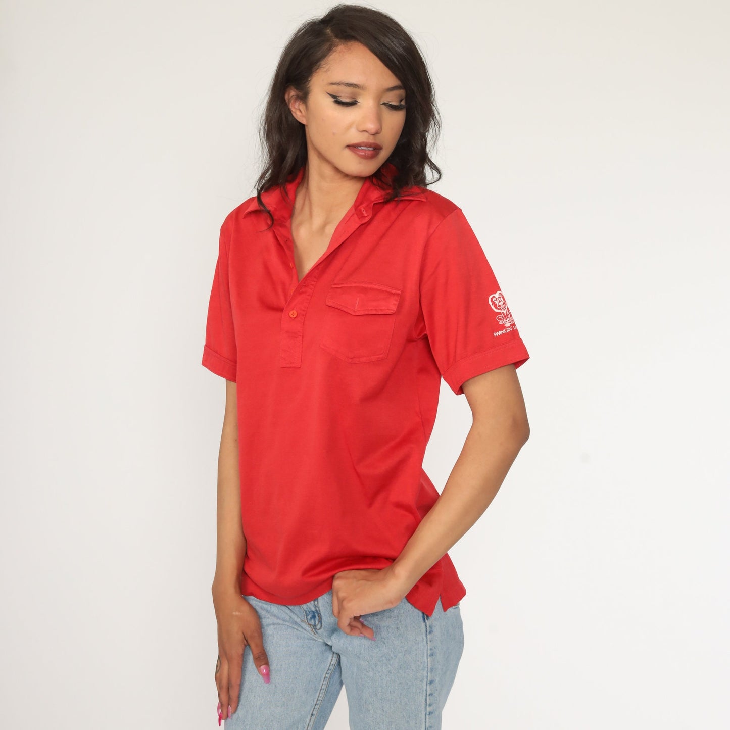 70s Swingin Lions Red Polo Shirt Half-Button Collared Short Sleeve Small Medium