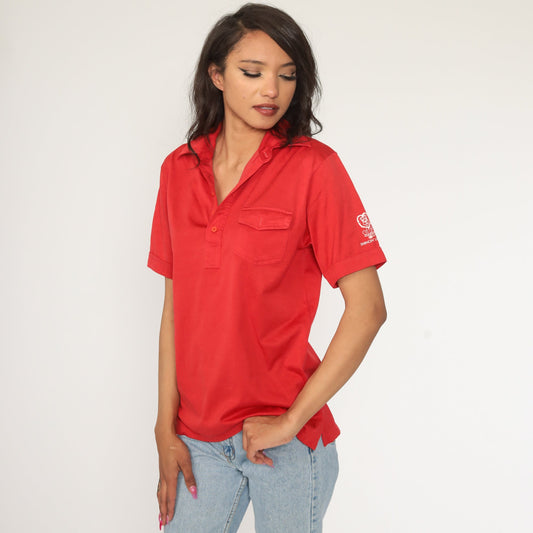 70s Swingin Lions Red Polo Shirt Half-Button Collared Short Sleeve Small Medium
