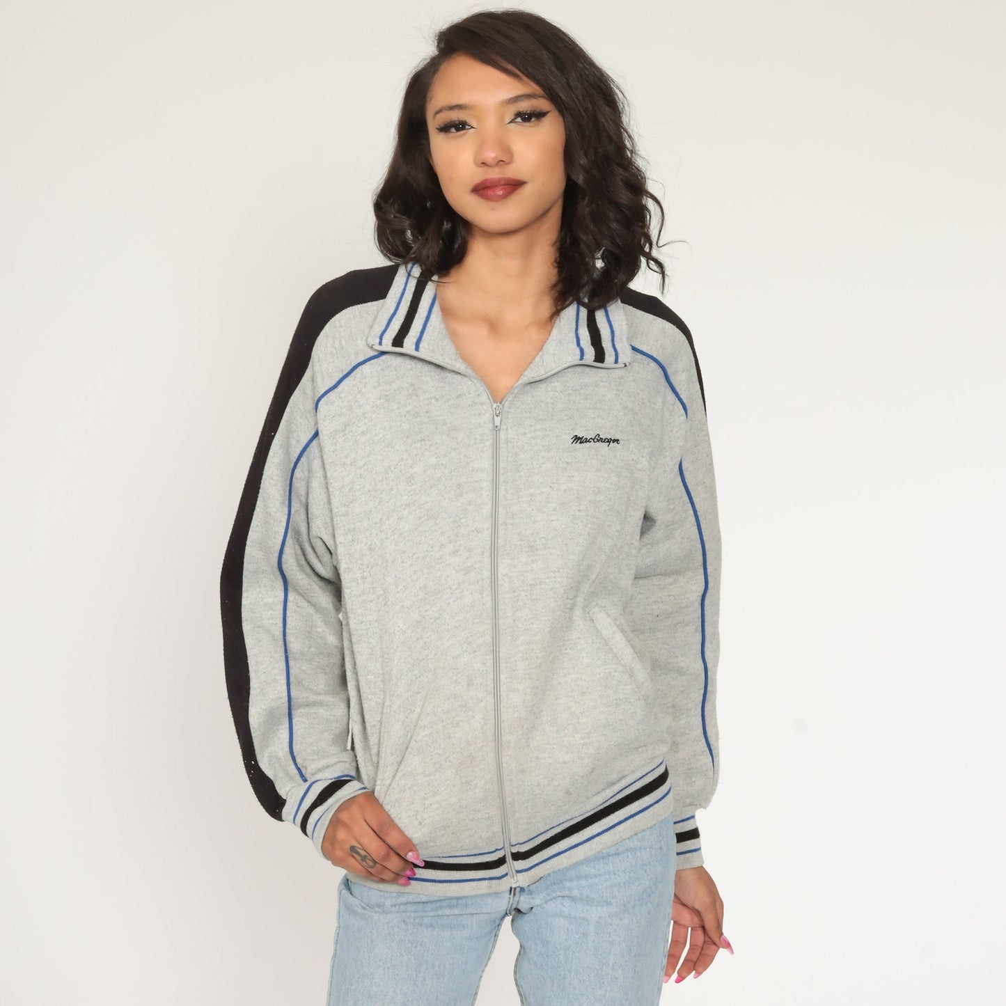 80s McGregor Track Jacket Grey Striped Zip Up Sweatshirt Medium Large