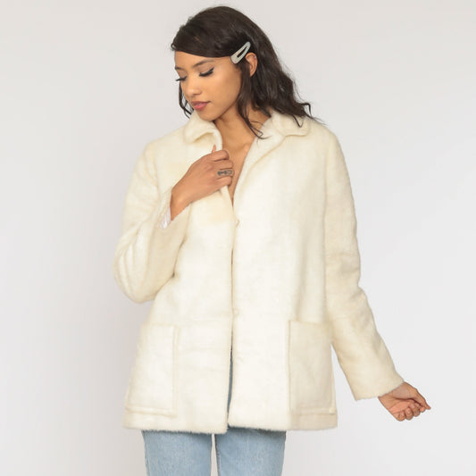 60s Off-White Faux Fur Coat Vintage Jacket Large L