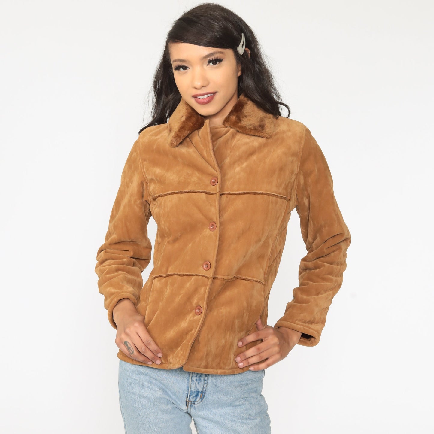 00s Brown Velour Jacket Faux Fur Trim Y2K Short Coat Medium