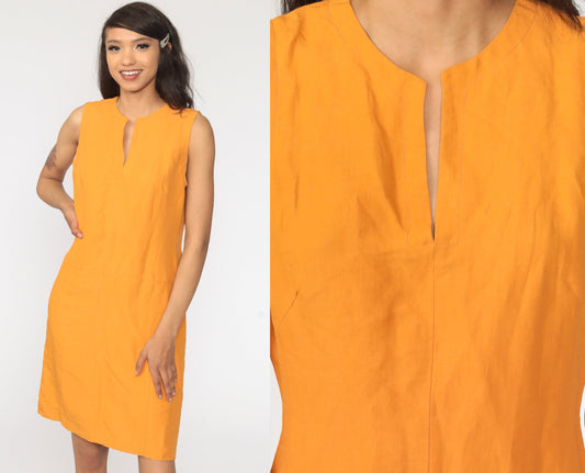 90s Orange Linen Rayon Sleeveless Mini Shift Dress Medium