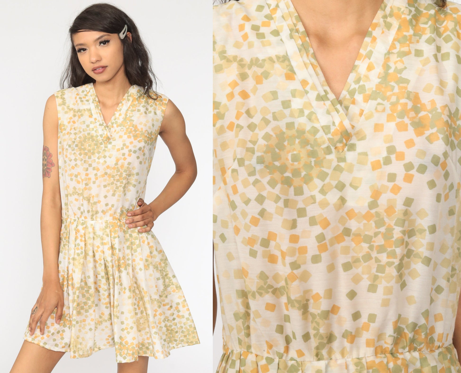 60s Mod Mini Dress Green Orange Geometric Print Pleated Sleeveless Medium 8