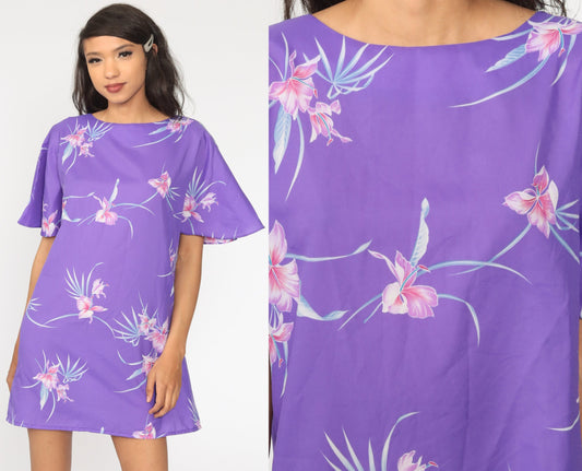 80s Floral Shift Dress Purple Tropical Flutter Sleeve Midi Medium Large