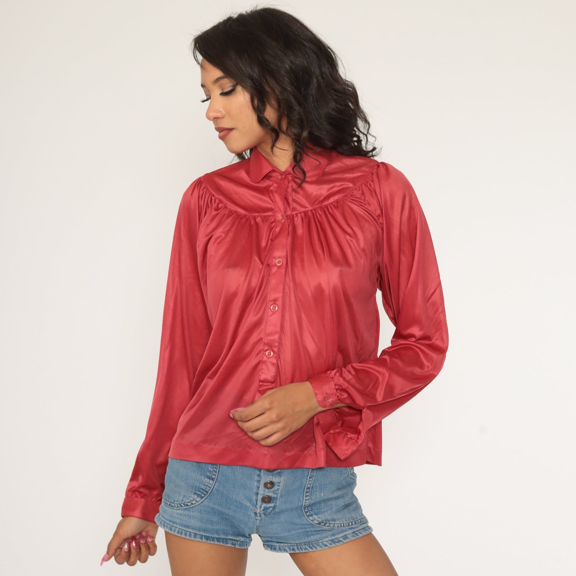 70s Dark Pink Button-Up Blouse Long Sleeve Tunic Loose Fit Medium