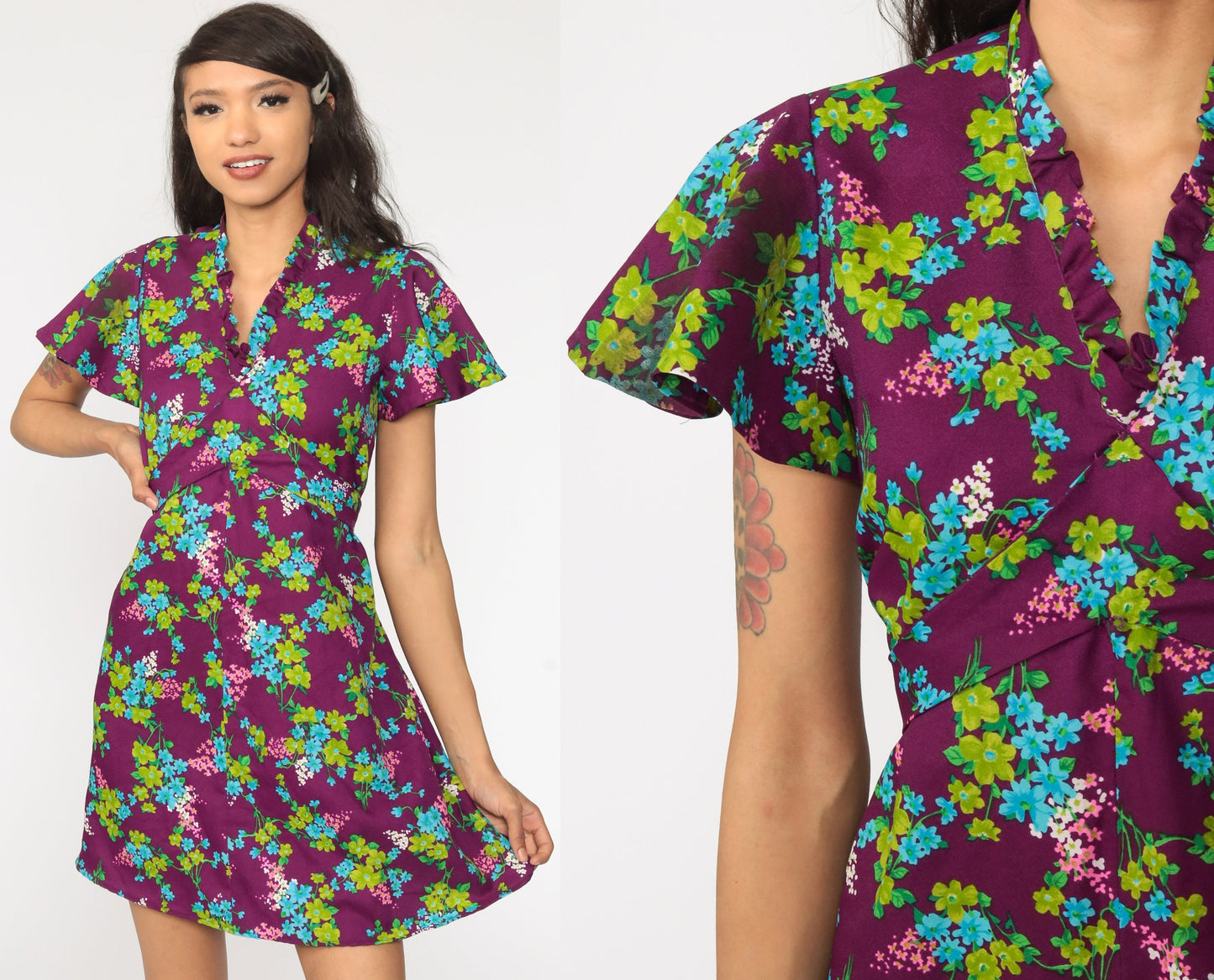 70s Floral Mini Dress Purple Green Empire Waist Flutter Sleeve Medium Large