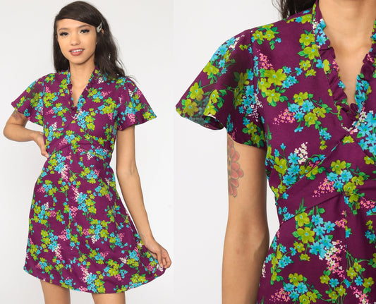 70s Floral Mini Dress Purple Green Empire Waist Flutter Sleeve Medium Large