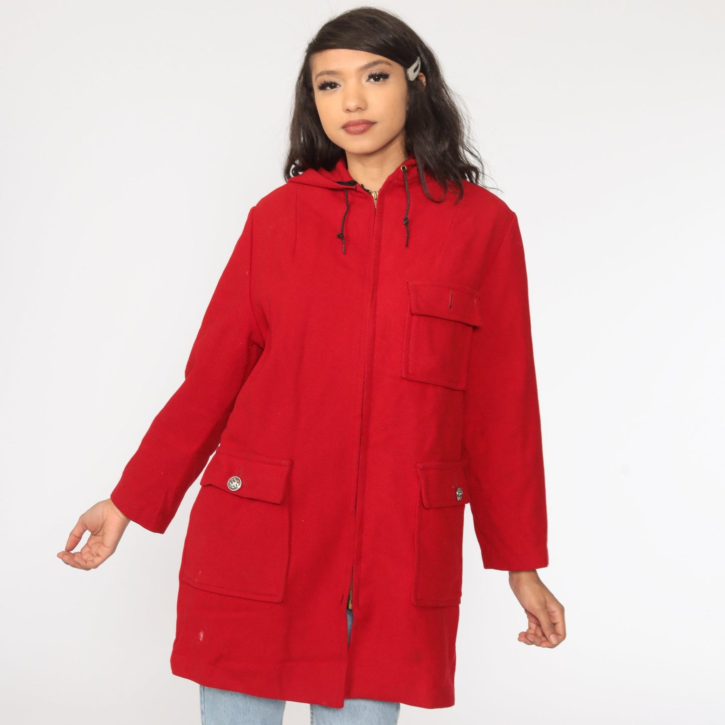 80s Red Wool Hooded Coat Zip Jacket Faux Fur Lining Extra Large XL