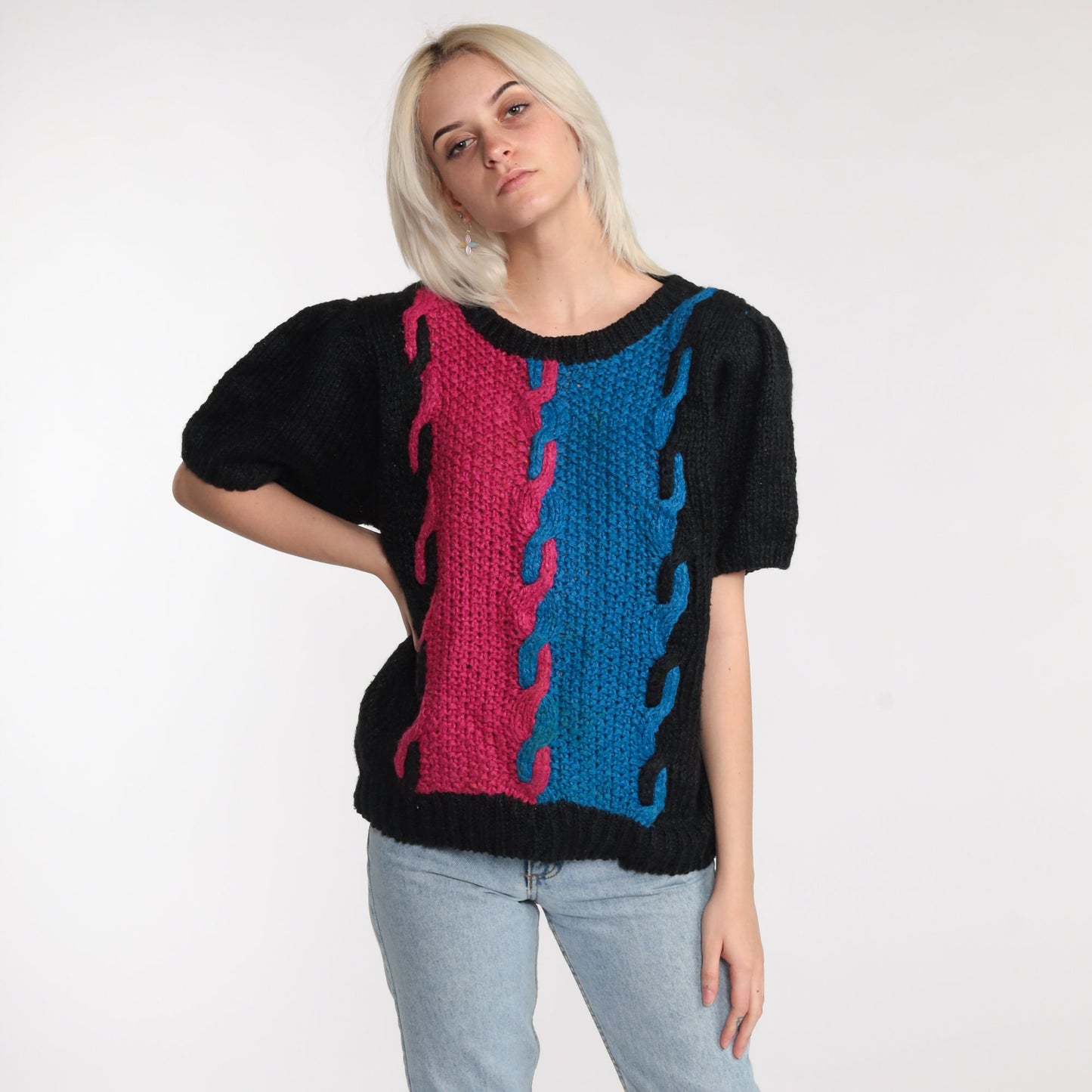 80s Color Block Cable Knit Sweater Top Black Magenta Blue Short Sleeve Large