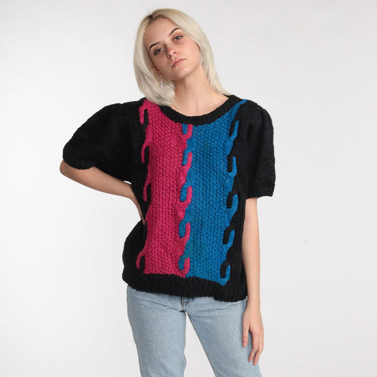 80s Color Block Cable Knit Sweater Top Black Magenta Blue Short Sleeve Large