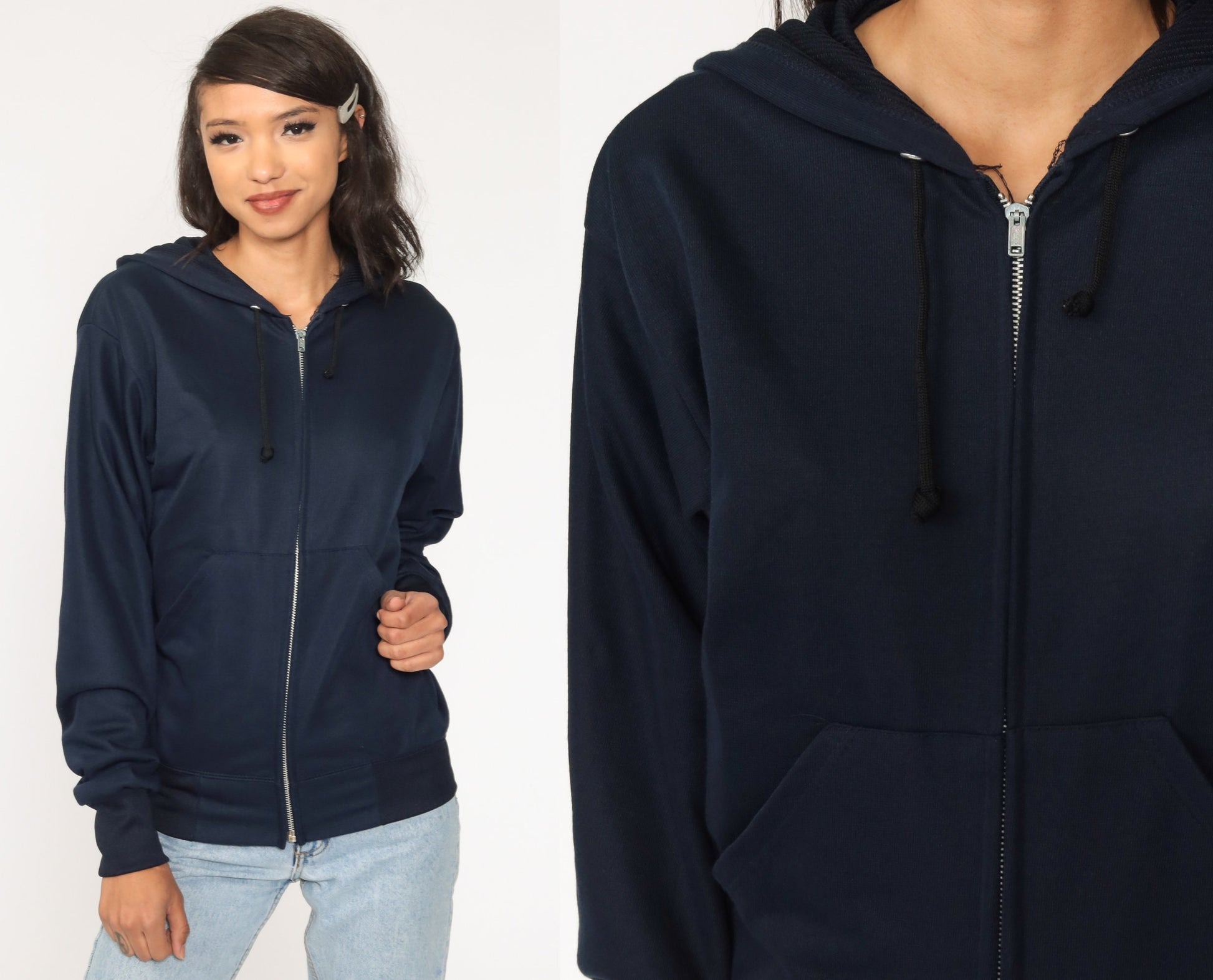 80s Blue Zip-Up Hoodie Sweatshirt Navy Pockets Medium